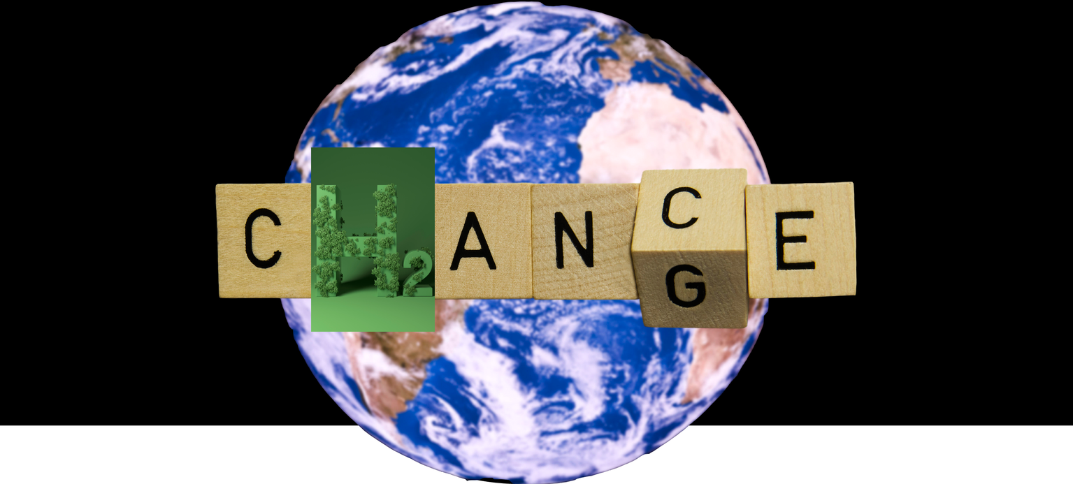 Weltkugel mit Symbol für Waserstoff und der Aufschrift chance und change