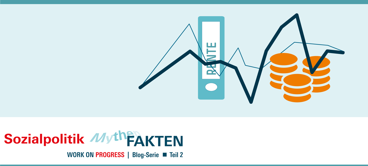 Aktenordner mit der Aufschrift Rente, Münzstapel und symbolische Aktienkurse