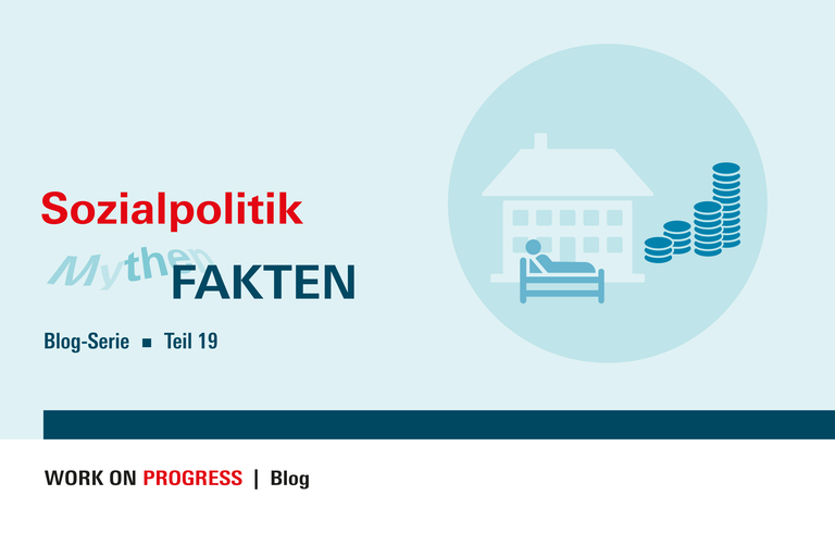 Person im Krankenbett vor einem Heim und daneben anwachsende Geldstapel