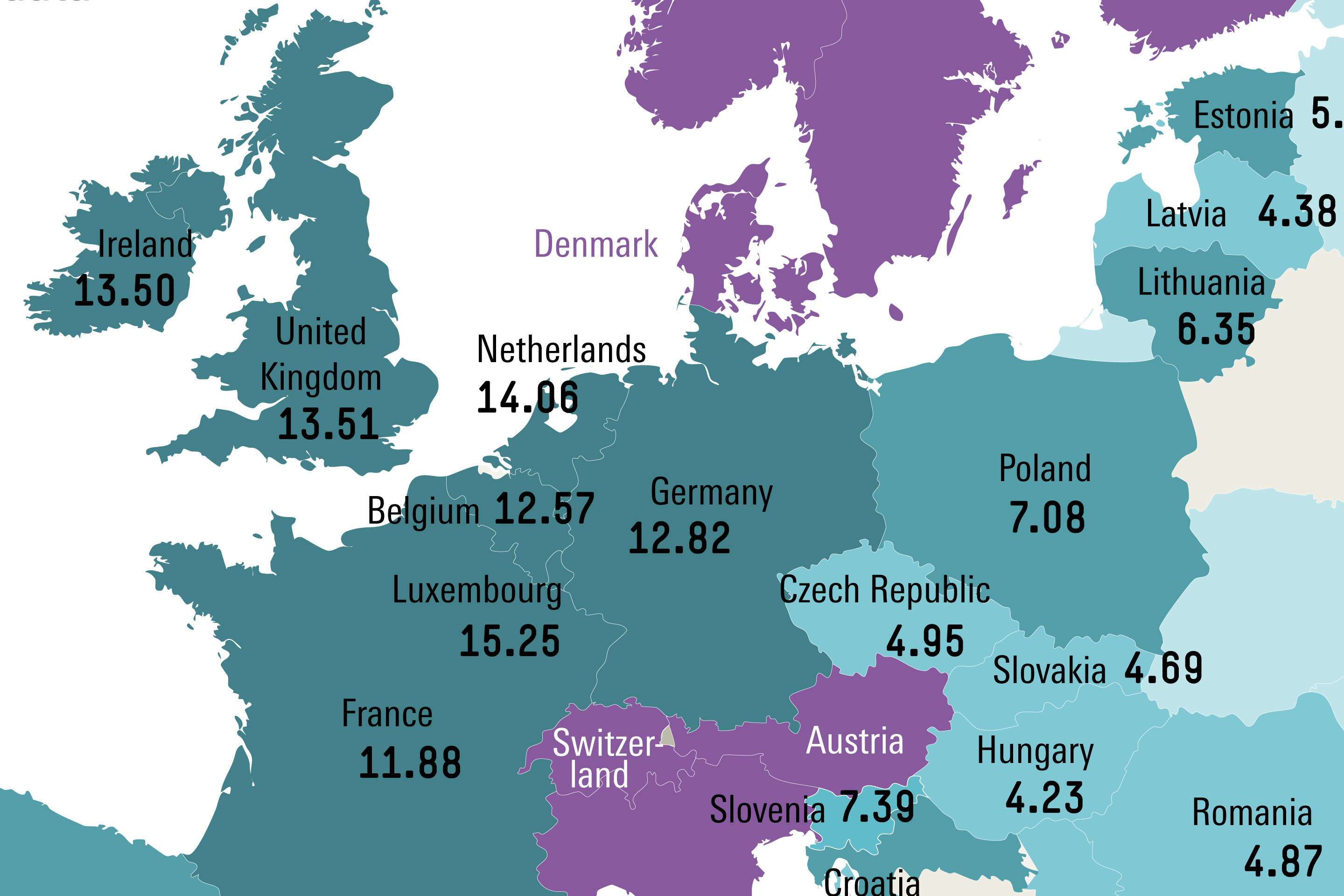 Screenshot of the map of Europe showing the level of minimum wages